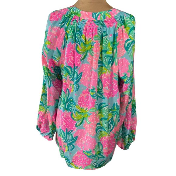 Lilly Pulitzer Elsa Popover Top Silk Size XL Pineapple Shake Pink Green - Picture 3 of 7